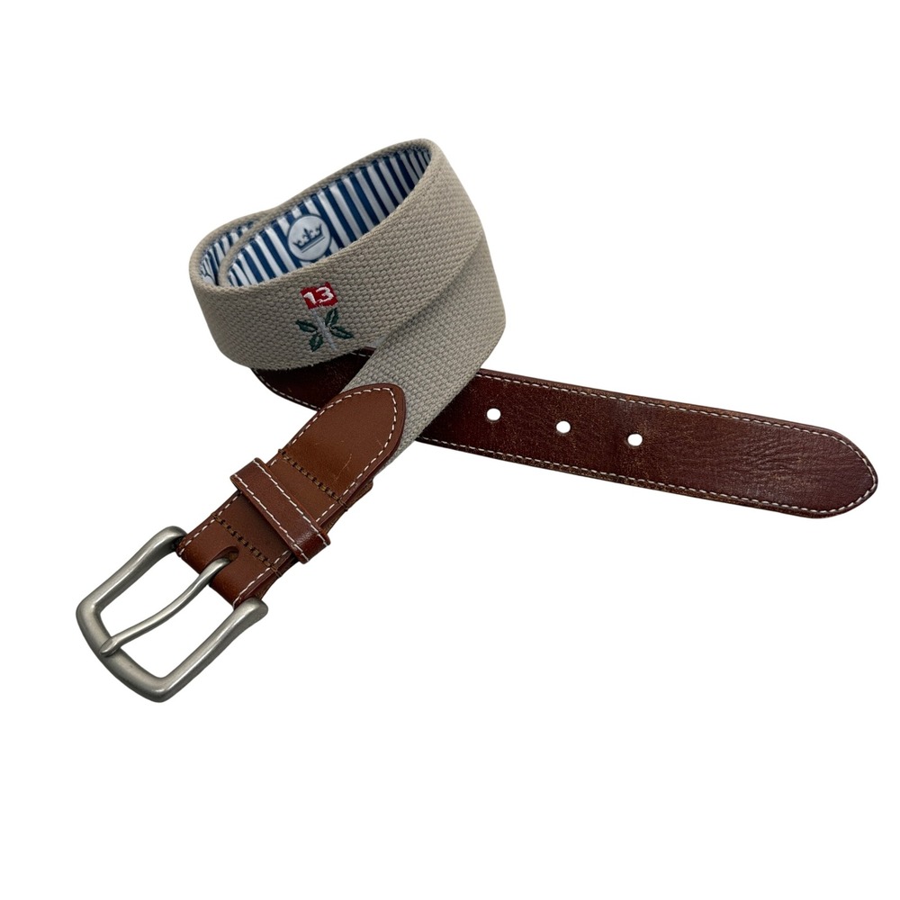 Peter Millar Belt Mens 30 Khaki Needlepoint Golf 13 Leather Trim Canvas